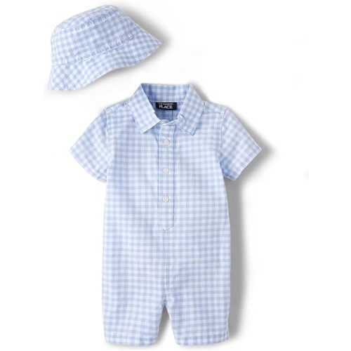 The Children's Place Baby Boys' And Newborn Woven Plaid Romper and Hat 2-piece Set