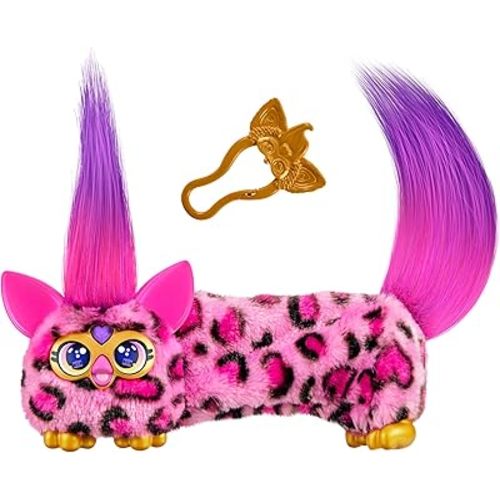 FURBY DJ Furblets Kitt-Ee-Luv Mini Electronic Plush Toy with Funny Stretchable Sound Effects & Music, Speaks Furbish, Pink Cheetah Print