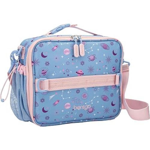 Bentgo Kids Lunch Bag - Durable, Double-Insulated Lunch Bag for Kids 3+; Holds Lunch Box, Water Bottle, & Snacks; Easy-Clean Water-Resistant Fabric & Multiple Zippered Pockets (Lavender Galaxy)
