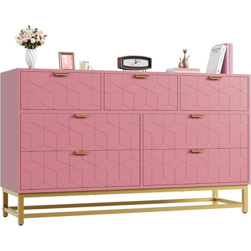 IDEALHOUSE Pink 7 Drawer Dresser for Bedroom, 53.5” Large Dresser with Metal Legs, Modern Chest Organizer with Wide Storage, Chest of Drawers for Bedroom, Living Room, Entryway