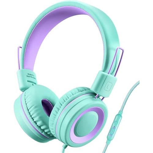 POWMEE P10 Kids Headphones with Microphone Stereo Headphones for Children Boys Girls,Adjustable 85dB/94dB Volume Control Foldable On-Ear Headphone with Microphone for School/PC/Cellphone(Green)