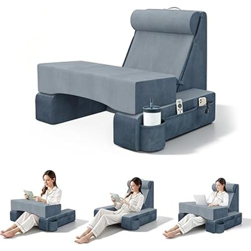 COZEER 3‑in‑1 Reading Pillow for Bed with Adjustable Independent Lumbar Support & Headrest, Wedge Pillow Set for After Surgery with Sponge Lap Desk, Detachable Armrest Design for Home Office (Upgrad)