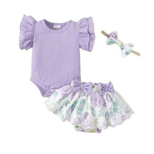 Kucnuzki Newborn Baby Outfits 3-6 Months Ruffle Short Sleeves Knit Romper Top Bowknot Floral Tulle Shorts with Headband 3pcs Sets Purple