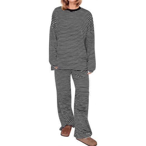 MISSACTIVER Women's 2 Piece Striped Lounge Set Long Sleeve Oversized T-Shirt Wide Leg Pants Matching Pajamas Set