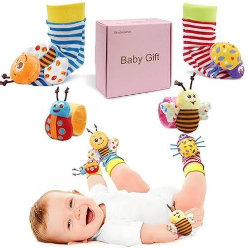 Bloobloomax Baby Wrist Rattle Socks and Foot Finder Set for 0-24 Month, Infant Girl Boy Toys Newborn Hand & Foot Toys for 0 to 24 Months, Baby Shower Gifts Set with Wrist Rattle Socks (Pink Gift Box)