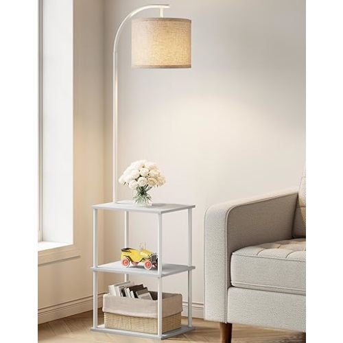 Floor Lamp with Table, Night Stand with Lamp, Narrow Side Table with 3CCT LED Bulb, Small Coffee Table, Modern End Table with Storage Shelves for Living Room Bedroom Home Décor, White
