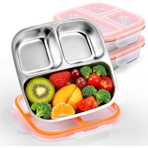 Palksky Stainless Steel Toddler Plates with Lids - 3-Pack Divided Baby Plates for Portion Control, Microwave & Dishwasher Safe Easy-Clean Lunch Trays