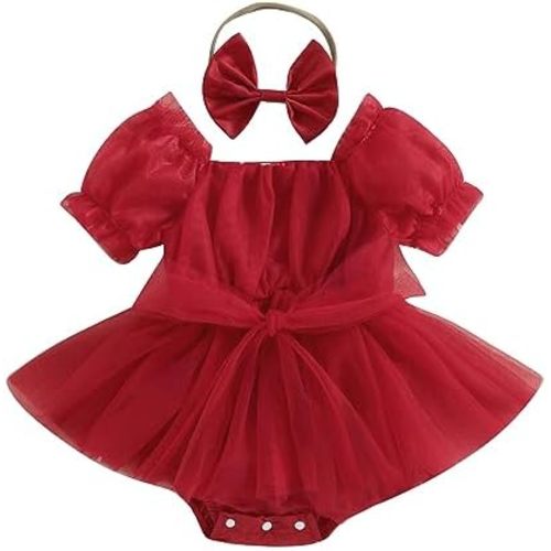 KMBANGI Newborn Infant Baby Girl Romper Dress Puff Sleeve Bow Belt Tulle Princess A-Line Dress Headband 2PCS Set Birthday