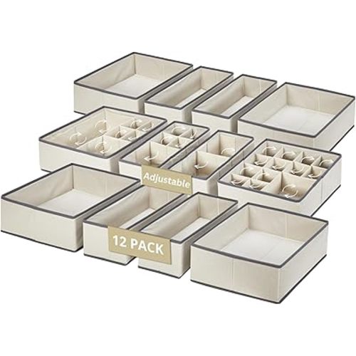 DECOMOMO Drawer Organizer for Baby – Clothes Organizer & Storage Dividers for Nursery, Storage Bins for Underwear, Bra, Socks, Diapers & Newborn Essentials (Beige, 12pcs)