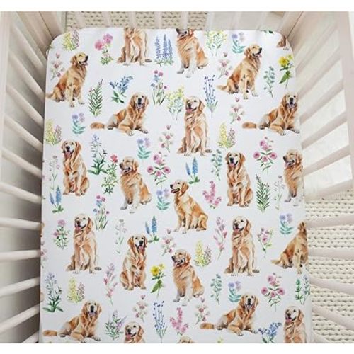 Baby Crib Sheets for Boys Girls Golden Retriever Flower Fitted Crib Sheet for Standard Crib and Toddler Mattress Neutral Crib Mattress Sheet Stretchy Baby Sheet 28" x 52"
