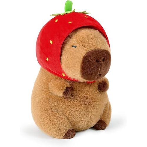 Cute Capybara Plush Kawaii 10 Inch Capybara Stuffed Aniamls Toys with Turtle Backpack, Bread and Strawbery Toys Gifts for Baby Boys Girls (Strawberry)