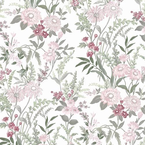 Dimoon 78.7"x17.3" Vintage Wallpaper Floral Peel and Stick Wallpaper Boho Contact Paper White Pink Green Cute Flower Removable Wall Paper Renter Friendly Kitchen Shelf Bathroom Self Adhesive Vinyl