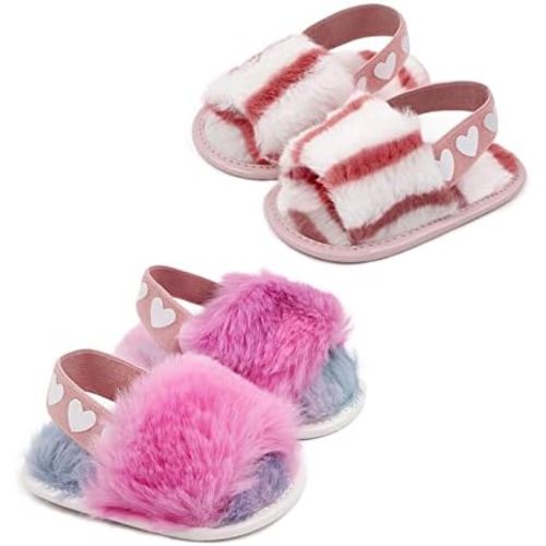 2 Pack Infant Baby Girls Sandals Elastic Back Strap Flats Slippers Soft Toddles Princess Shoes Faux Fur Slides Shoes First Walker House Shoes