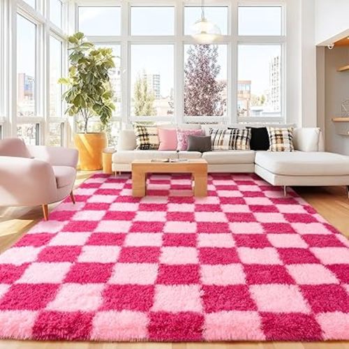 Checkered 8x10 Area Rugs for Living Room, Ultra Soft Fluffy Large Shaggy Rug Carpet for Bedroom, Non-Slip Fuzzy Plush Rugs for Nursery Boys Girls Kids Room Modern Indoor Home Decor, Pink and Hot Pink