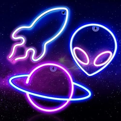 Neon Signs for Wall Decor, 3PCS LED Neon Lights for Bedroom, USB or Battery Powered Light Up Space Themed Alien Planet Rocket for Kids, Teen Boys, Gaming Room, Bar, Birthday, Cool Decoration Aesthetic