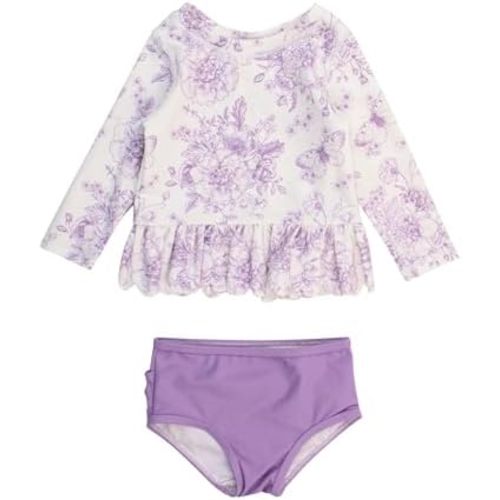 RuffleButts Baby/Toddler Girls Scalloped Long Sleeve Rash Guard 2-Piece UPF50+ Sun Protected Swimsuit