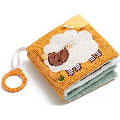 Soft Baby Book with Teether & Mirror, Sensory Crinkle Cloth Books for Babies 0-12 Months, Montessori Farm Animal Tummy Time Toys, Portable Busy Book, Infant Toy for Newborn Shower Gift