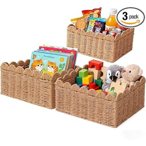 3 Pcs Wicker Baskets for Organizing,Scalloped Baskets, Hand-woven Wicker Storage Cubes, Paper Rope Shelf Baskets for Organizing and Decoration,Brown Basket