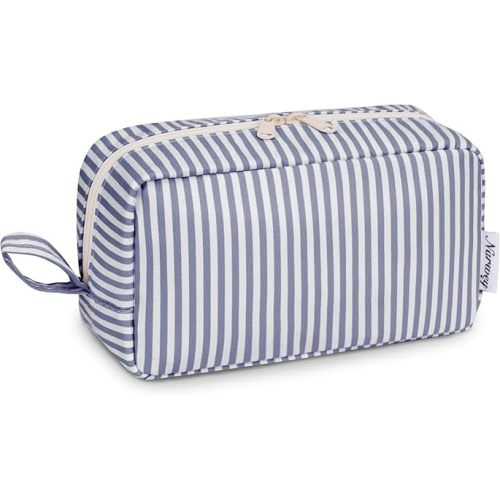 Narwey Cute Makeup Bag Small Toiletry Bag Travel Cosmetic Bag Organizer Make Up Bags with Organized Pockets for Women (Greyish Blue Stripe, Large)