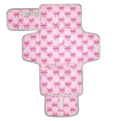 Portable Changing Pad for Baby - Pink Bows Waterproof Diaper Changing Mat Travel Changing Pad with Built-in Pillow - Shower Gift for Baby