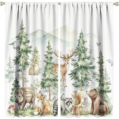 Woodland Curtains Nursery Wildlife Theme, Rustic Watercolor Forest Animal Hedgehog, Rabbit, Fox, and Deer Print, Blackout Window Drapes for Baby Girls Boys Bedroom Living Room, 2 Panels W42xL45 Inch