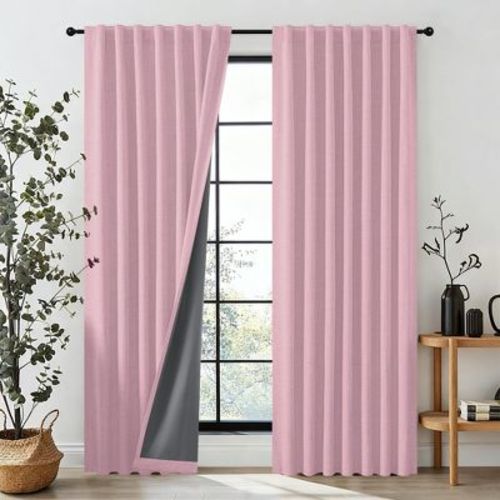 JoyDeco 52" x 108" Pink Thermal Insulataed Faux Linen Textured 100% Blackout Curtains for Bedroom Rod Pocket & Back Tabs (Set of 2)