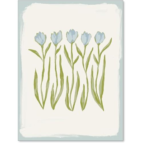 GO-SANTNN Blue and Green Tulip Floral Wall Art Vintage Cute Preppy Botanical Canvas Poster Modern Nature Plant Cottagecore Prints for Living Room Bedroom Wall Decor 08x10 inch Unframed