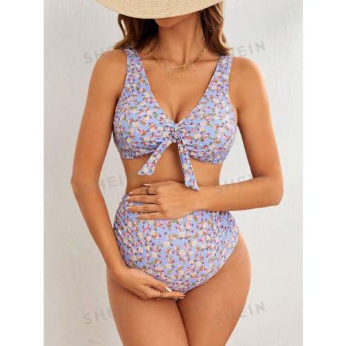 SHEIN Maternity Floral Front Knot Swimsuit Beachwear Carnival