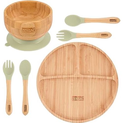 6PCS Bamboo Baby Feeding Set, Baby Suction Bowl & Plate with Silicone Spoons & Forks, Wooden Feeding Supplies for Infant & Toddlers, Baby Led Weaning Supplies Non Slip & BPA Free (Round - Bean Green)