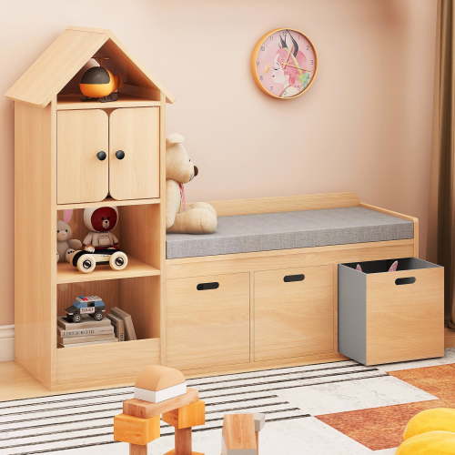 Vabches Kids, Bookcase and Bookshelf with Reading Nook, Oak