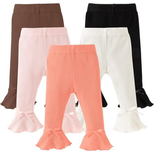DREAM BUS 5 Pack Baby Pants Toddler Girl Ribbed Ruffle Bell Bottoms Toddler Leggings Baby Boy Pants Newborn Girl Flare Pants