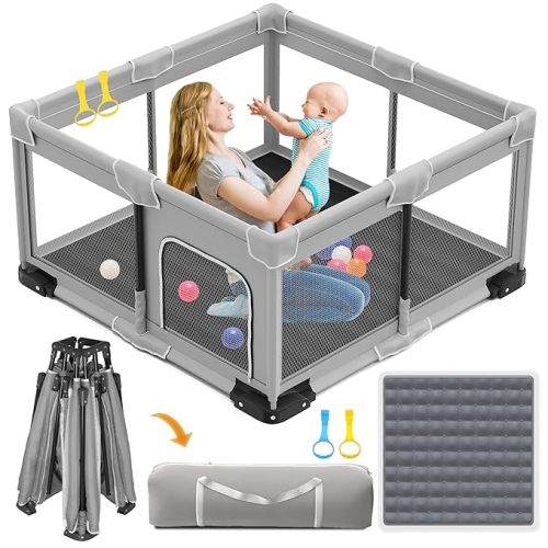 Foldable Playpen for Babies and Toddlers, 50x50 Inches Portable Playpen, Kids Collapsible Play Pen with 2 Handlers, Indoor & Outdoor Baby Fence Play Area with Visible Mesh, Light Gray