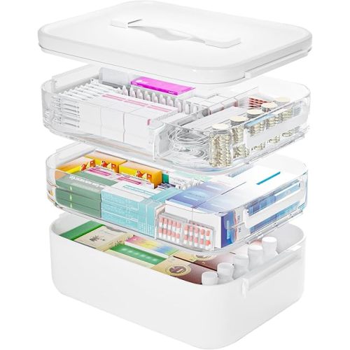 3-Tier Medicine Cabinet Organizer, Portable Medicine Storage Box with Handle, Empty First Aid Kit for Home