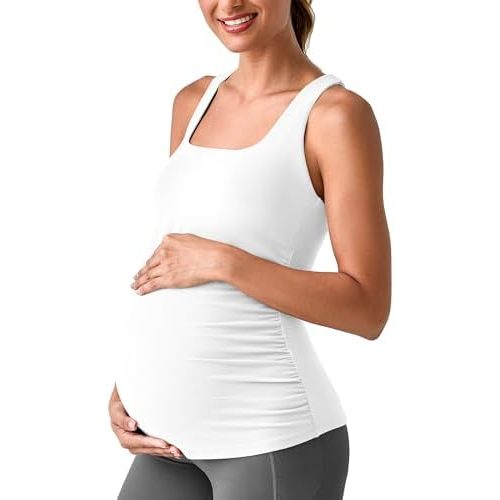 G4Free BareFeel Maternity Racerback Tank Tops with Built in Bra Ruched Sleeveless Square Neck Pregnancy Yoga Workout Shirts