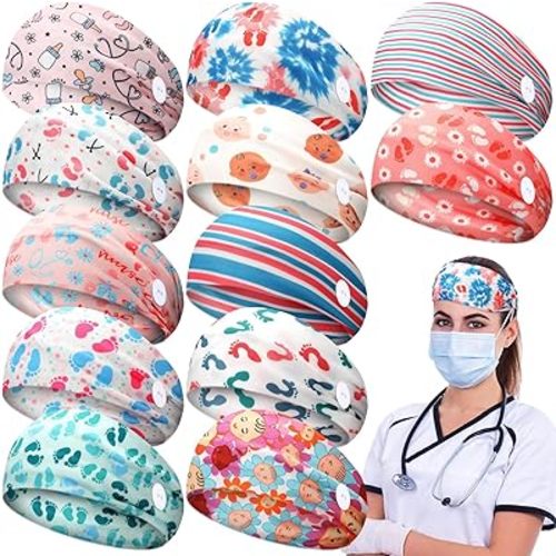 Jexine 12 Pcs Nurse Headbands for Women Non Slip Nursing Headbands with Buttons Dental Assistant Accessories Hygienist Doctor Gifts Elastic Hair Bands(Labor and Delivery)
