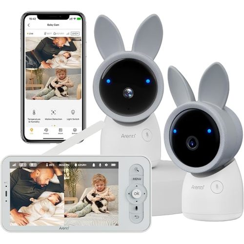 ARENTI Baby Monitor with 2 Cameras, Cry&Motion Detection, 2K Smart Baby Camera with 5'' Upgraded Wireless Display, 2 Way Audio, Super Night Vision, Lullabies, Breathing Light, Temp&Humidity Sensor