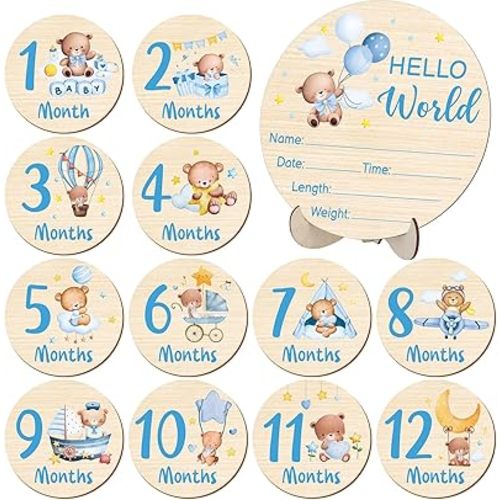 Wooden Baby Monthly Milestone Cards Double Sided Baby Birth Announcement Sign Hello World Milestone Sign Discs Pregnancy Baby Shower Gifts for Newborn Photo Props, Bear