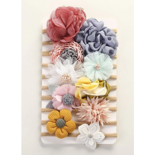 10 Piece Set Baby Girl Comfy Nylon Elastic Big Flower Crown Floral Headband