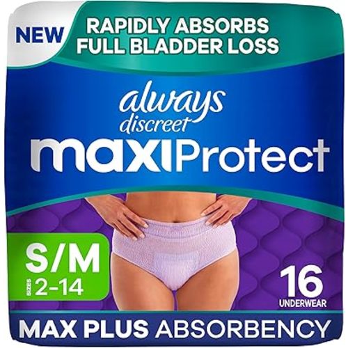 Always Discreet MaxiProtect Adult Diapers for Women, Incontinence Underwear, Scented, Postpartum Essentials, Bladder Leak Protection, Disposable Briefs, Maximum Plus Absorbency, Size S/M, 16 Count