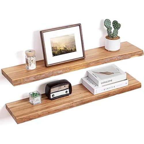 Floating Shelves for Wall Decor, Rustic Solid Elm Wood Floating Shelves Wall Mounted, Wall Shelves with Invisible Bracket for Living Room Bathroom Bedroom Kitchen, 36 Inch Set of 2, Natural