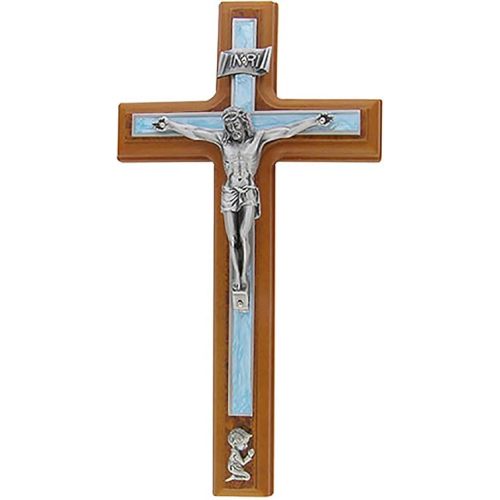 Cherry Wood Wall Cross Crucifix with Blue Epoxy Inlay, Baptism Gifts for Boys and Girls, 10 Inch