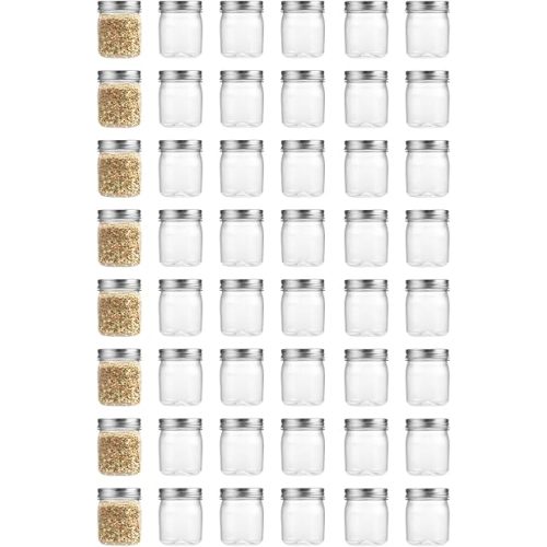 8 Ounce Clear Plastic Mason Jars With Screw On Lid, Reusable Empty Jars for Food Storage, Round BPA Free Containers for Sealing, Dry Food, Snacks, Candies, Breakage-proof (Silver, 48 Pack 8 Ounce)