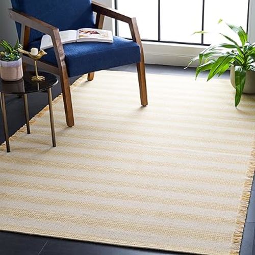SAFAVIEH Area Rug 8x10 - Augustine Collection - Large - Ivory & Yellow, Cotton Stripe Fringe Design, Easy Cleaning, Ideal for Living Room, Bedroom, Office, Dining Space (AGT501C)