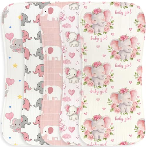 5pcs Elephant Burp Cloths for Baby Boys Girls Parent,100% Cotton Pink Elephant Themed Design Burp Rags, Muslin Burping Cloths Absorbent Spit-Up Cloths for Infant Newborns