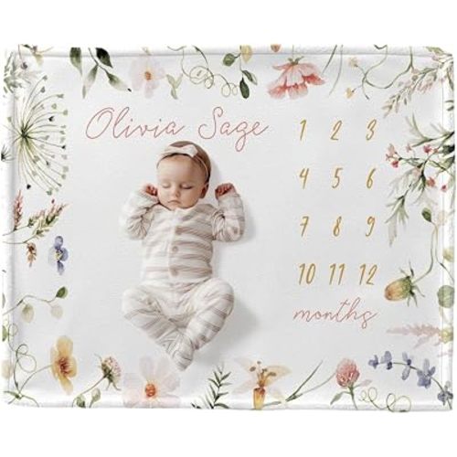 Personalized Milestone Blanket Girl Custom Name Blanket, Wildflower New Baby Gift, Girl Floral Month Throw Personalized, Baby Shower Keepsake Gift