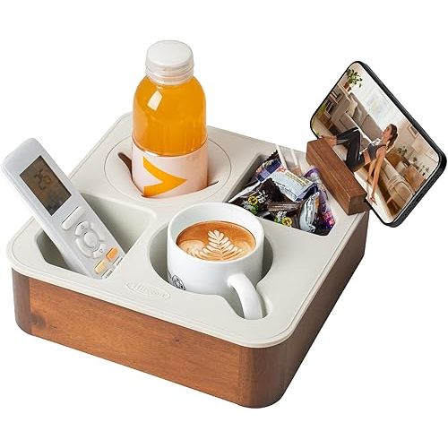 Couch Cup Holder Tray, Acacia Wooden Couch Caddy with Rotatable Phone Holder for Bed Organizer, Waterproof Anti-spill Sofa Cup Holder for Snacks Beverage Remote White