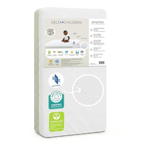 Delta Children Spring Breeze Mattress - Breathable Baby Crib & Toddler Mattress with Cloud Core - Machine Washable Cover - GREENGUARD Gold – Waterproof