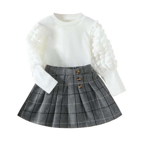 Younger Tree Spring Toddler Kids Matching Suit: Puff Sleeve Sweater & Woolen Plaid Pleated Skirt, Size 1-6T