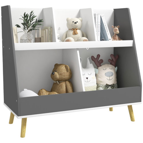 George Oliver Qaba Toy Storage Organizer, 2 Tier Kids Bookshelf With 5 Compartments, Anti-Tip Device, Pine Wood Legs, For Nursery, Playroom, Classroom, Grey | Wayfair