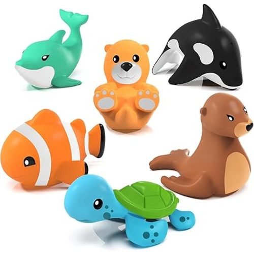 Tub Works® Marine™ Mold Free Bath Toys, 6 Pack | Sealed, No Hole Bath Toys Design Keeps Moisture Out | Soft, Squeezable & Float on Water | Easy-Grip Baby & Toddler Bath Toy Set | Great Baby Pool Toys